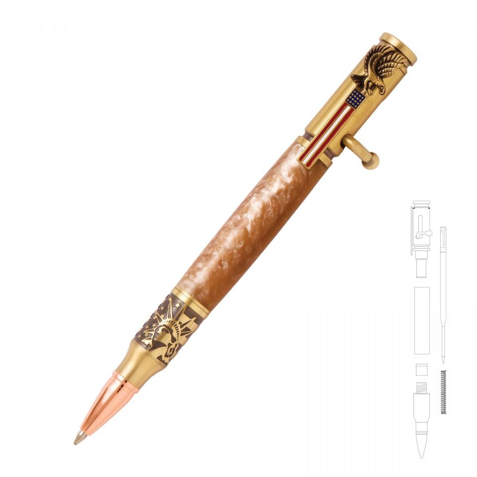 Statue of Liberty Flag Bolt Action Antique Brass Pen Kit at