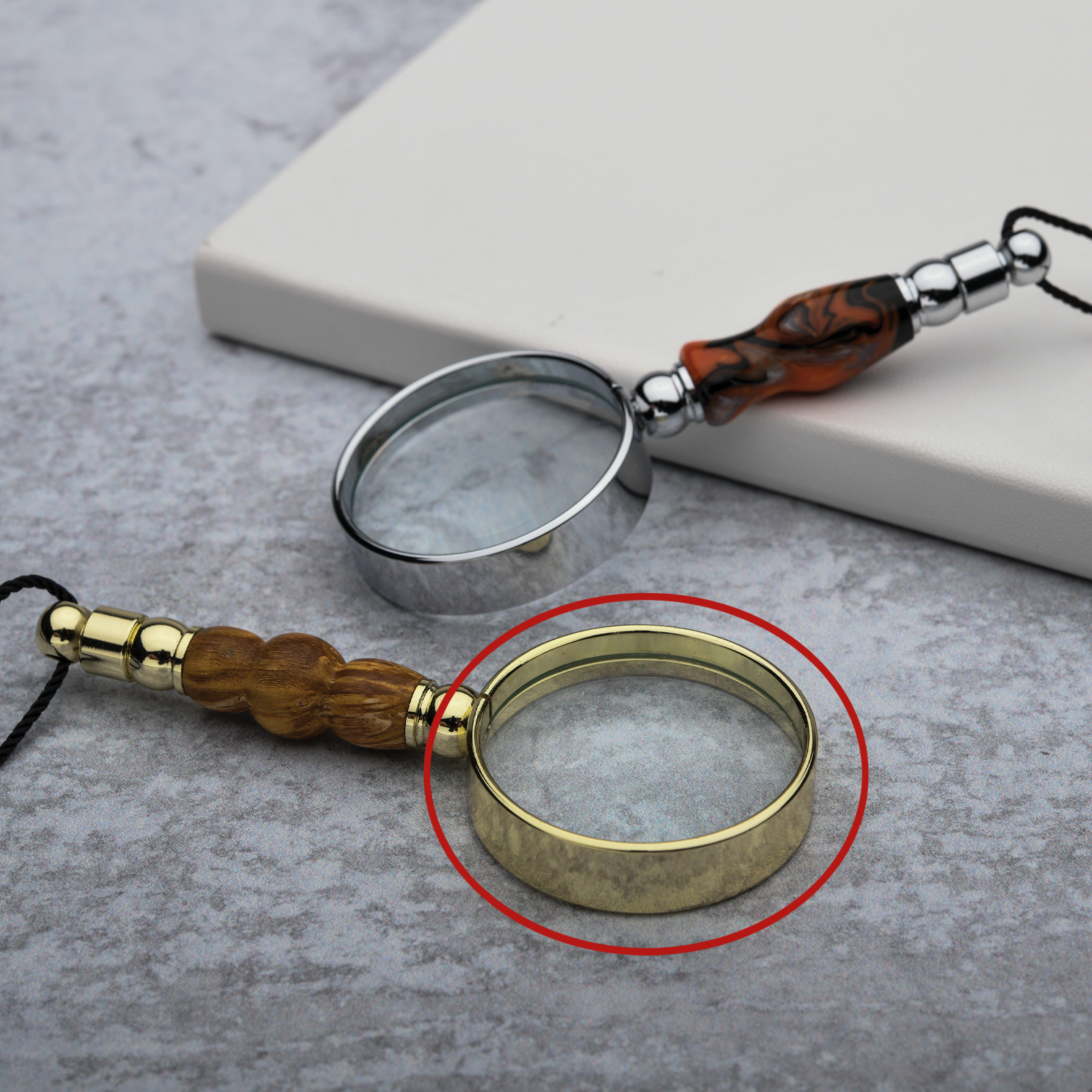 Hand Turned Gold Acrylic Handle Gold Finish Necklace Magnifying Glass